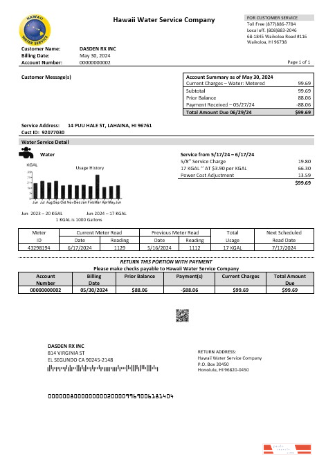 USA Hawaii Water Service Company business utility bill template in Word and PDF formats
